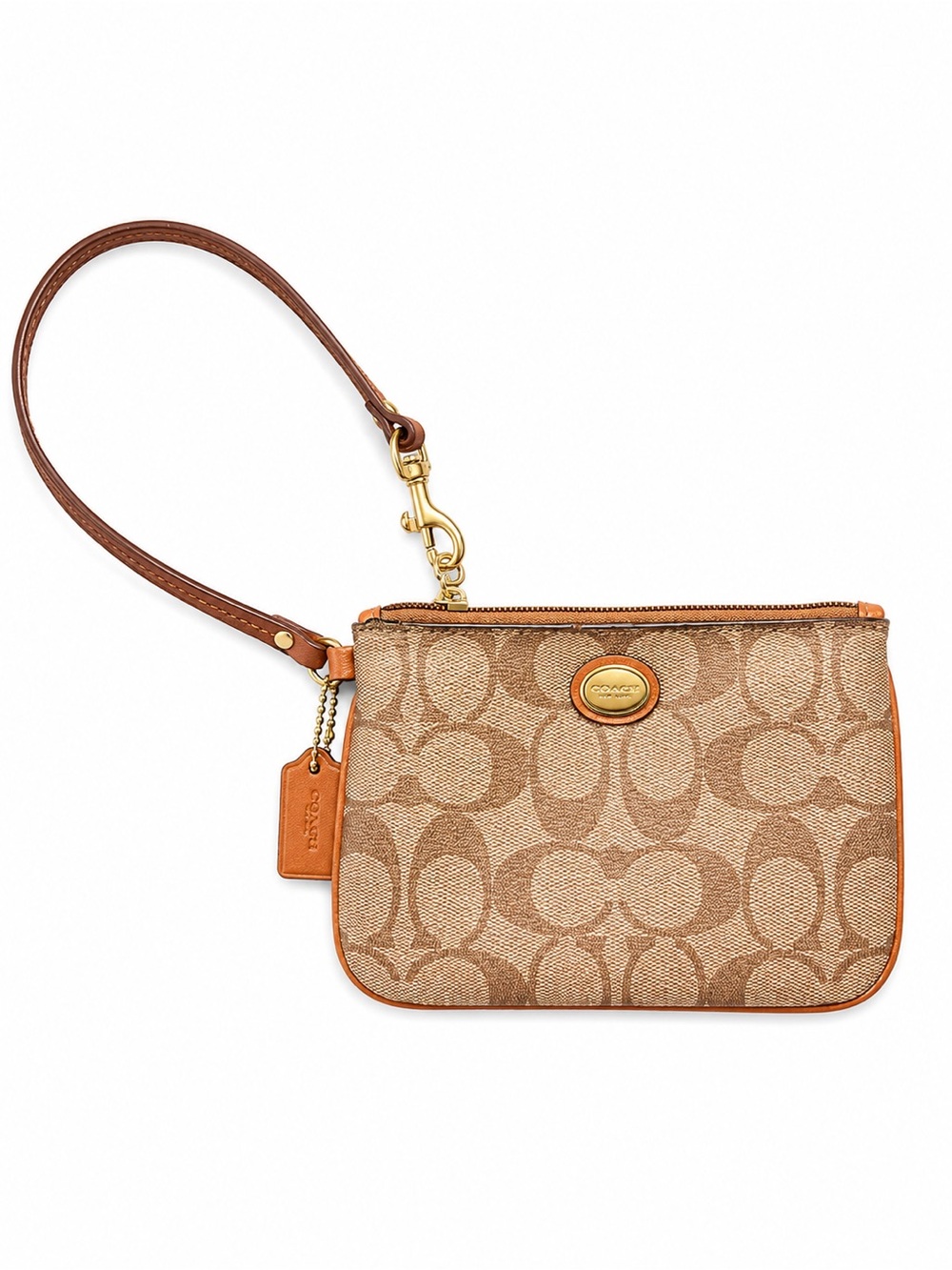 Coach Khaki/Tan Signature Canvas Mini Wristlet with Leather Strap